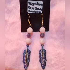 Elegant Feather Drop Earrings with Rose Quartz, Amethyst, And 18k Gd